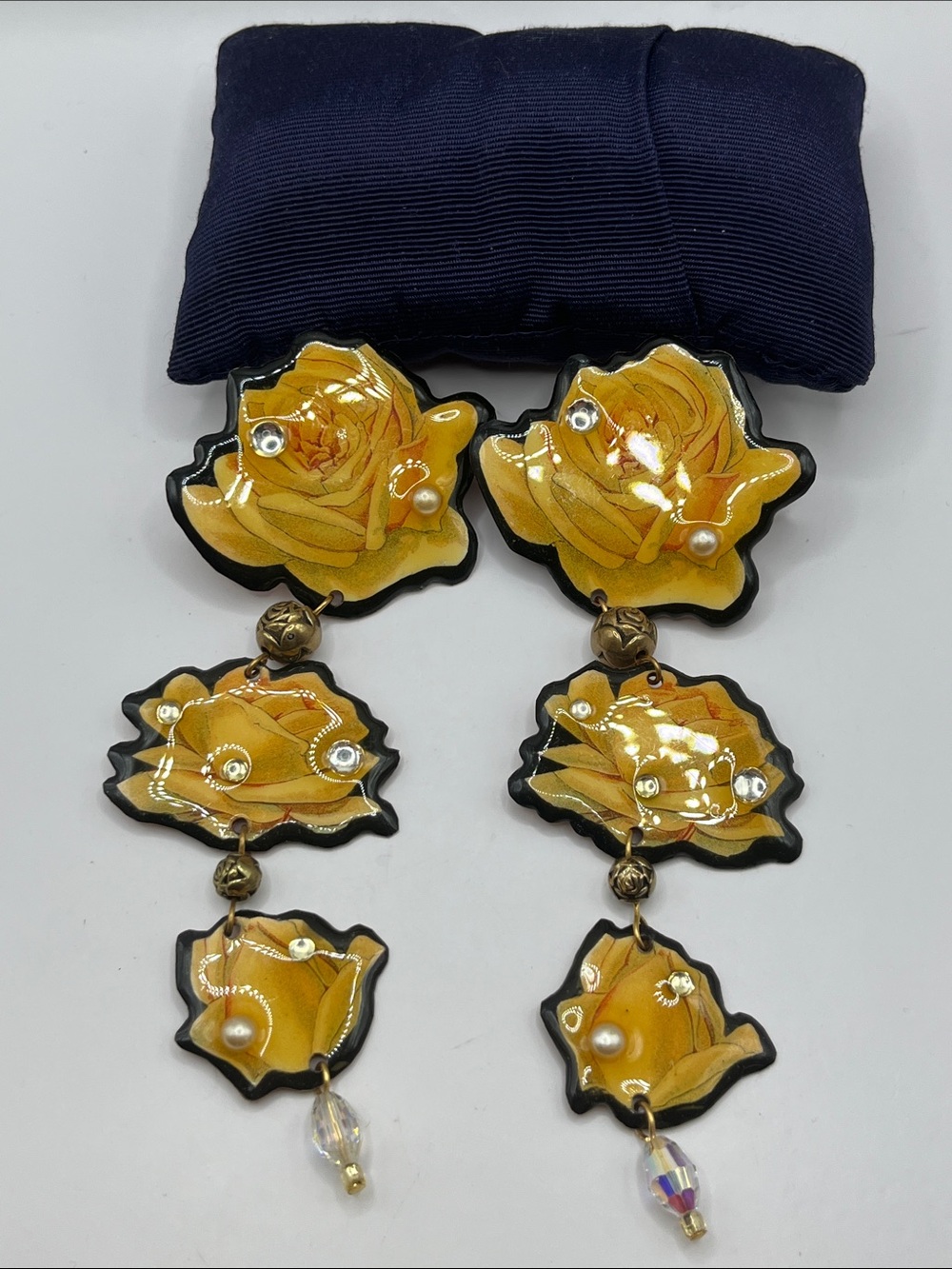 RARE! Designs From The Deep decoupage Yellow Rose Drop clip on earrings